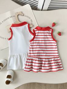 SHEIN Playful Pals 女童夏季洋裝，嬰兒女童夏季新款時尚條紋領無袖洋裝 - 紅色 - 查看 2