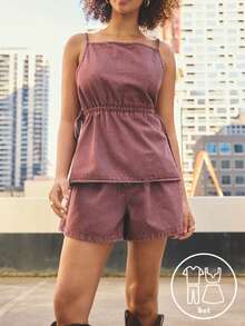 Aralina Conjunto de 2 piezas para mujer de verano / invierno con top de mezclilla fruncido con detalle de lazo y shorts, atuendo lindo para salir y vacaciones, estilo Y2K Estocolmo - Color caoba - Ver 1