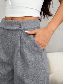 SHEIN PETITE 女款純色百褶口袋寬腿寬鬆休閒長褲 - 灰色 - 查看 6