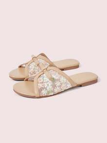 CUCCOO DOLLMOD Women's Shoes Fashion Round Toe Open-Toed Bow Mesh Embroidery Flat Sandals Women's Casual Comfortable Versatile Slippers - Apricot - View 2