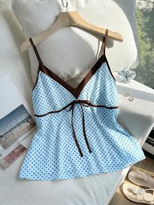 Comfortcana Spring Summer Light Blue Colorblock Patchwork Front Tie Bow Casual 1950s Vintage 1950s Vintage Plus Size Camisole Tank Top Date Night Vacation - Baby Blue - View 5