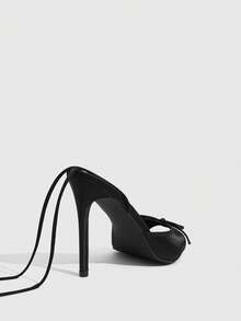 CUCCOO SZL Sandalias de tacón alto de moda para mujer con punta, lazo decorativo y correa negra - Negro - Ver 3