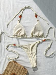 Swim Mod Women's Solid Color Halter Neck Metal Decor Sexy Bikini Set, Spring/Summer - Apricot - View 3