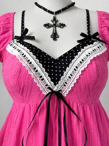 Sunspun Blusa elegante de talla grande con patchwork de gasa, estampado de lunares y decoración de lazo - Rosa Fucsia - Ver 6