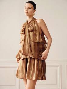 BELROSIE European American Style Spring/Summer New Fashion Versatile Shimmering Gauze Multi-Layer Ruffle Hem Elegant Sexy Commuter Design Women's Mini Dress - Coffee Brown - View 6