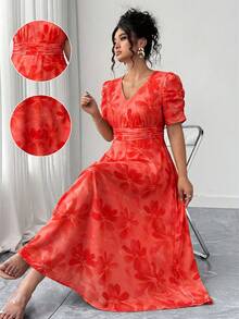 Elenzga Vestido midi de verano talla grande con estampado floral rojo, cuello en V, mangas fruncidas, cintura ceñida y detalle de lazo, manga corta, vestido elegante para vacaciones y uso casual, adecuado para vacaciones en la playa y regalo de despedida de soltera - Rojo - Ver 8