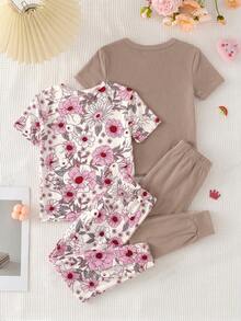 SHEIN 女童休閒簡約修身舒適圓領短袖長褲居家服套裝，4件套，適合春夏 - 卡其色 - 查看 2
