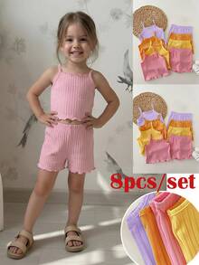 SHEIN Kids Young Girl Solid Color Ribbed Camisole And Shorts Set Orange Summer Pcs - Multicolor - View 10