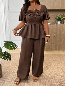 SHEIN Frenchy Plus Size Vacation Casual Elegant 3D Floral Decor Shirt Pants 2 Pieces Set Tea Party Chocolate Brown Summer - Brown - View 5