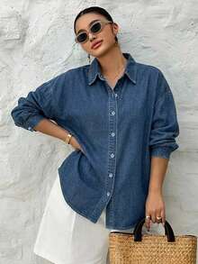 Dazy Plus Light Blue Washed Back Slit Tie Design Playful Commute Loose Denim Shirt Blouse Spring Summer - Medium Wash - View 5