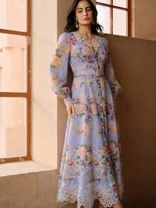 Anewsta 春夏度假浪漫花卉印花鏤空刺繡領口下襬燈籠長袖腰帶女款優雅派對洋裝 - 紫羅蘭色 - 查看 3