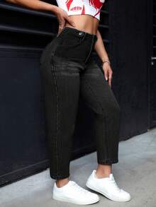 Jeanoix Plus Size Solid Color Casual Everyday Jeans With Belt Loops - Black - View 2