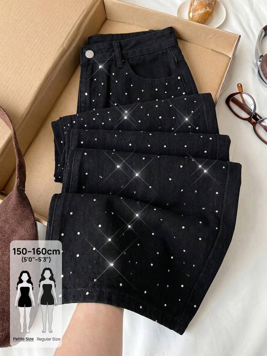 SHEIN PETITE PETITE 女款水鑽裝飾寬腿牛仔褲 返校季夏季服飾 辦公室穿搭 夜店派對造型 秋季 90年代街頭風 電音派對 80年代 70年代