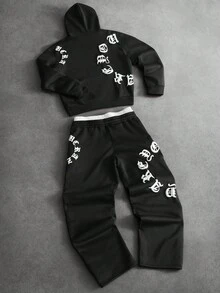 PAVTROS Men's Letter Print Hoodie & Sweatpants Set - Black - View 3