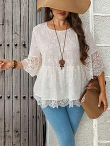 EMERY ROSE Plus-Size Women's White Lace-Trimmed Embroidered Fabric Top With A Textured Feel, Fashionable And Retro Summer Outfit, Perfect For Beach Vacations, - White - View 6