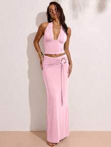 SHEIN BAE 2pcs/Set Women's Light Pink Halter Neck Crop Top And Low Waist Circle Ring Decor Maxi Skirt,Summer Casual Holiday Vacation Holiday Beach Party Set - Coral Pink - View 5