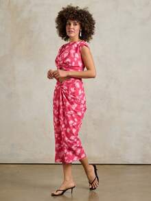 Rouah Womens Floral Printed Knot Front Mid-Length Dress - Summer Dress, Party Dress, Resort Dress, Wedding Dress, Reception Dress, Occassion Dress - Red - View 5