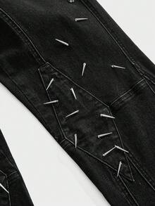 ROMWE Grunge Punk Autumn Punk Y2k Indie Sleaze Hedi Metal Rivet Ultra Low Waist Skinny Jeans Going Out Night Out All Black - Black - View 4