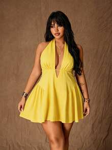 Rustia Vestido de Talla Grande con Diseño Sexy y Elegante, Escote Profundo en V, Cuello Halter con Lazo y Cintura Ceñida - Amarillo - Ver 5