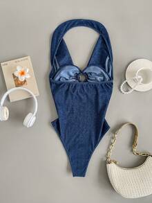 SHEIN Women's Knitted Denim Sexy Hollow-Out Jumpsuit - Blue - View 4