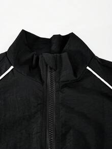 SHEIN 青少年女孩秋季套裝 2件/套 時尚休閒運動風 黑色立領夾克與長褲套裝，時尚俐落 - 黑色 - 查看 3