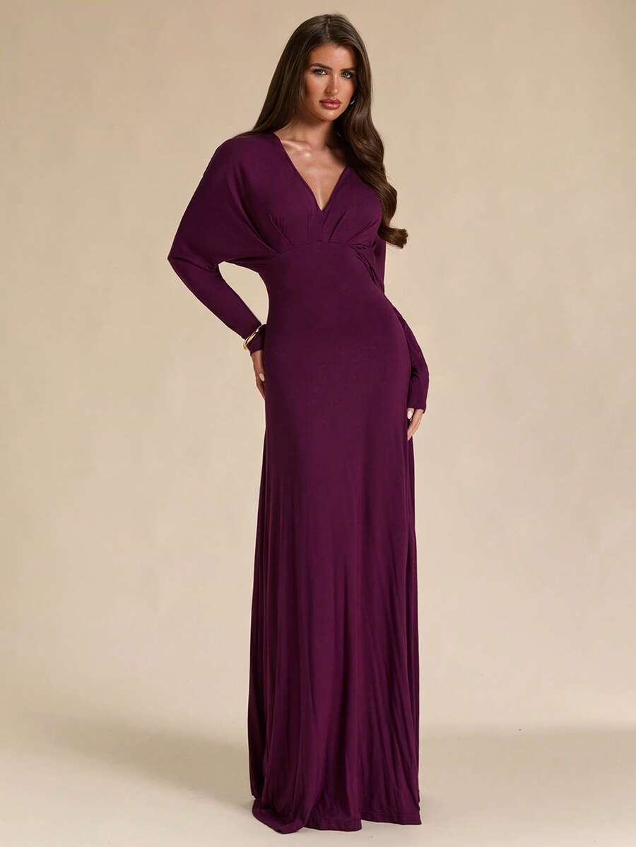 SHEIN BAE Autumn/Winter Solid Purple Deep V-Neck Long Sleeve Fitted Slim Long Knit Dress - Purple - View 1