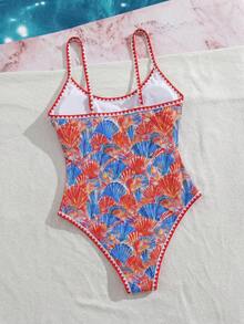 Swim Mod 夏季新款歐美風一件式性感高衩紅色幸運魚印花撞色細肩帶貝殼飾邊甜美女孩比基尼泳衣，聚攏小胸，雙肩帶，修身顯身材，適合溫泉、海灘、度假、生日派對 - 彩色 - 查看 2
