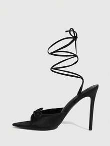 CUCCOO SZL Sandalias de tacón alto de moda para mujer con punta, lazo decorativo y correa negra - Negro - Ver 5