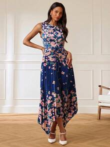 Lilora Floral Round Neck Pleated Dress, High-End Fashion Versatile Elegant Dress, Suitable For Commuting, Daily Tea Party Casual, Outings, Gatherings - Multicolor - View 5
