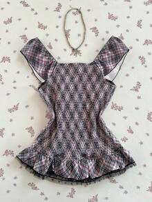 Elamini Women's Plaid Elegant Sweet Lace Patchwork Summer Fashion Blouse - Purple - View 6