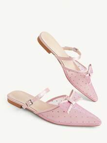 CUCCOO CHICEST Polka Dot Mesh Bow Pointed Slippers Women's New Flat-Bottomed Mueller Shoes Fall Shoes - Pink - View 3