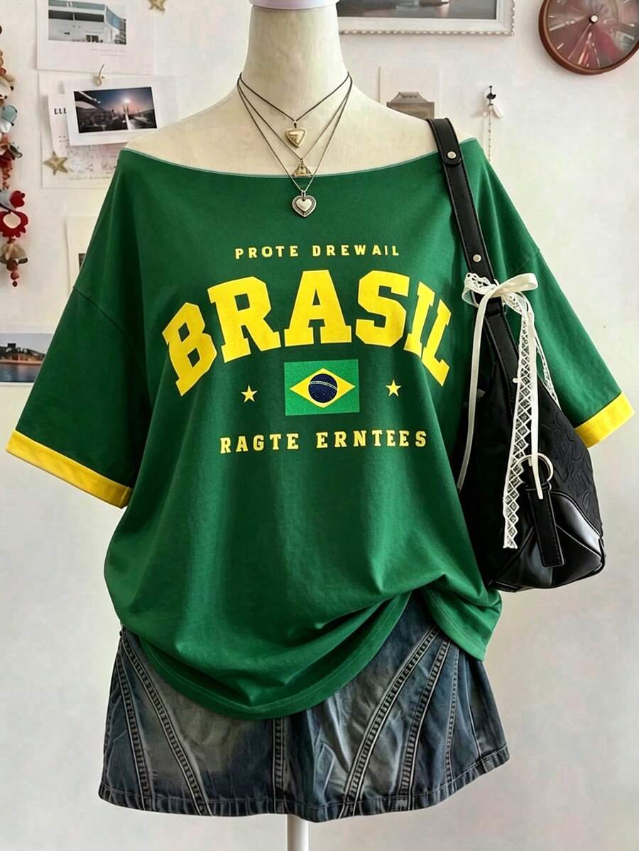Lalippa 女士休闲落肩宽松拼接T恤，适合夏季度假和日常通勤 - 白色 - 查看 1