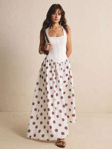 Poéselle Women's Brown And White Polka Dot Print Button Design Elegant French Vintage Halter Neck Dress Vacation Summer - White - View 6