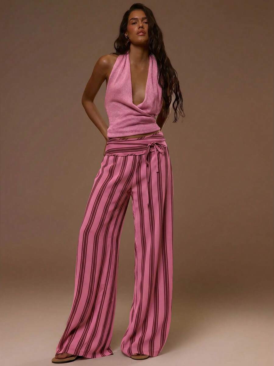 MUSERA Thick Tie Waistband Wide Leg Striped Trouser Summer Spring Sexy Cute Holiday Vacation Going Out Occasion Ibiza Elegant Sunset Ties Party - Pink - View 1