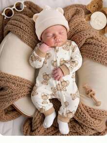 SHEIN Newborn Baby Girl Casual Cute Knitted Cartoon Pattern Long Sleeve Home Wear Romper - Apricot - View 11