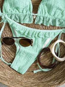 Swim Vcay Mod 2件式女款海灘度假淺綠色蕾絲荷葉邊下擺掛脖繫帶性感比基尼泳衣 夏季 - 綠色 - 查看 10