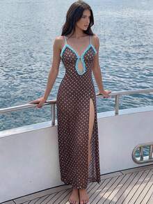Bellisia 2026 Latest Fashion Beach Cover-Up Dress, Sexy Elegant Influencer Style, Blue Ruffle Trim With Coffee Base And Blue Polka Dot, High Slit Spaghetti Strap Long One-Piece Vacation Cover-Up - Multicolor - View 1