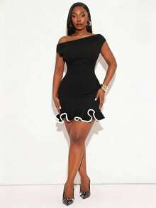 Radiana Plus Size Women's Asymmetrical Shoulder White Edge Spliced Cuffs And Hem Ruffled Trim Tight Dress, Suitable For Office, Prom, Ball, Valentine's Day - Black - View 5
