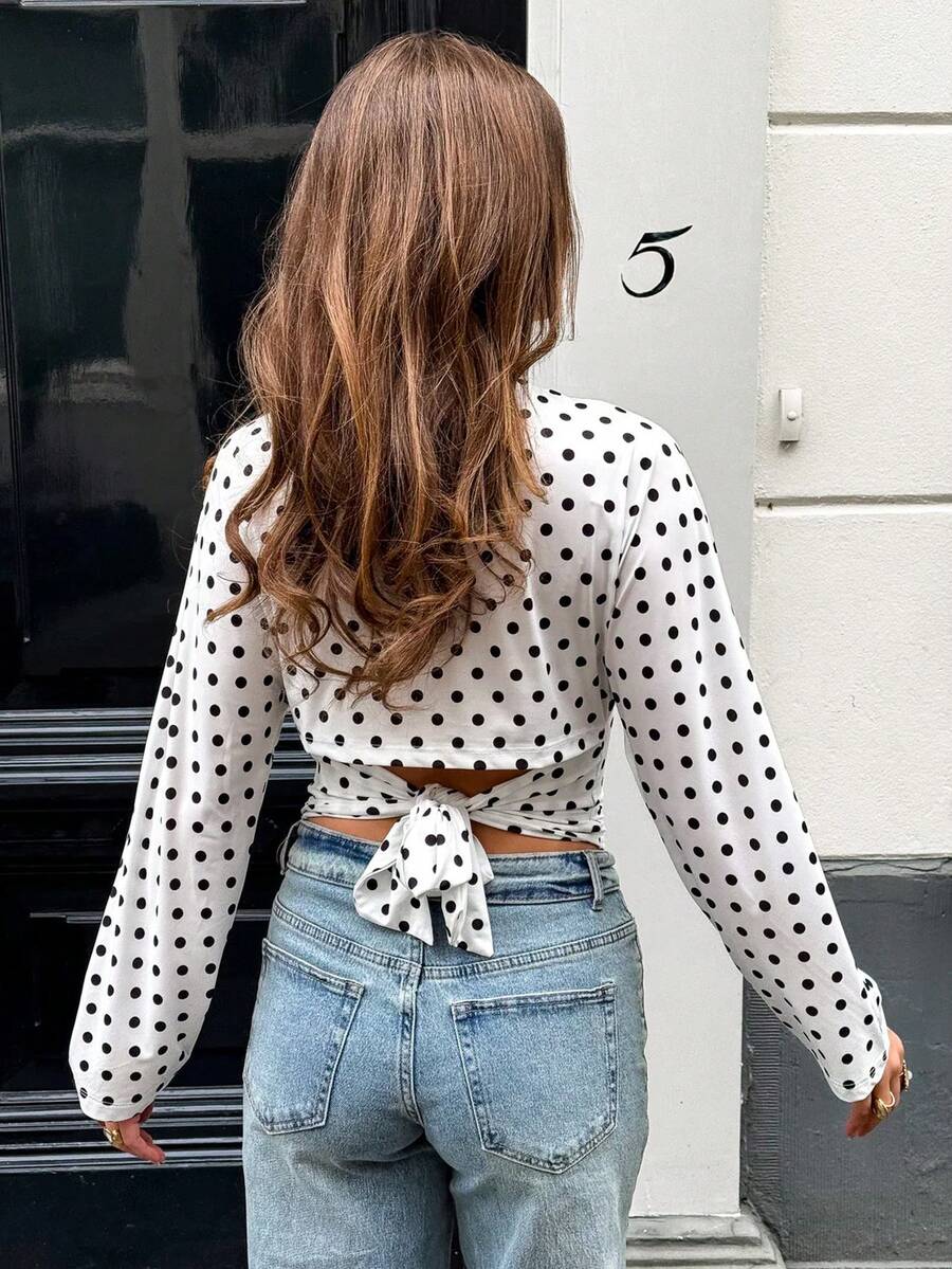 Siren Gaze Damen Sommer Neu Polka Dot Ausgeschnitten Schnürung Langarm T-Shirt - Weiss - Übersicht 1