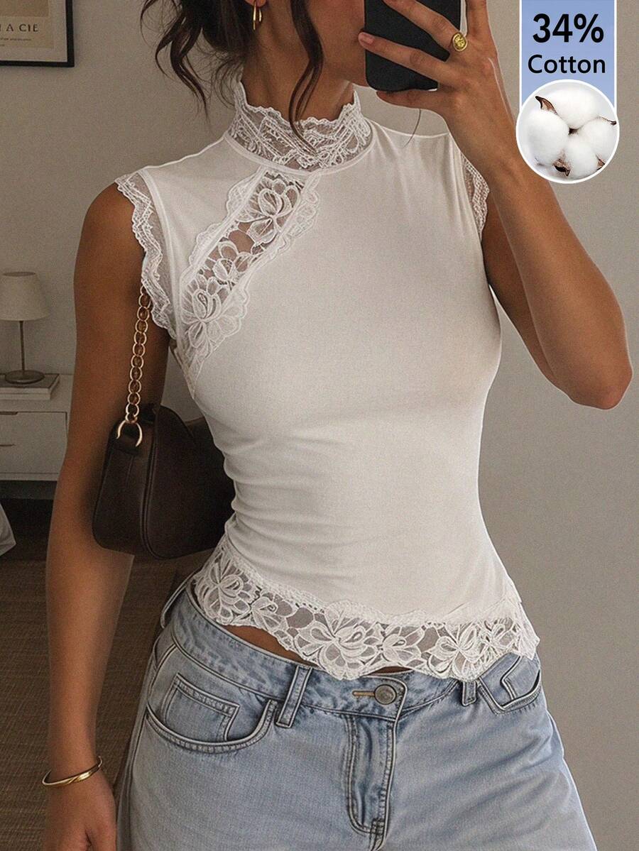 SHEIN PETITE 女款蕾絲拼接修身休閒日常上衣,適合嬌小女性 - 白色 - 查看 1