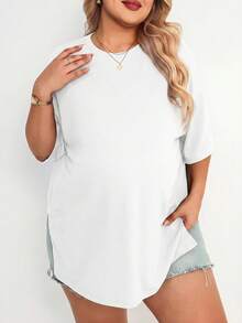 Plussiva Plus Size Maternity Solid Color Round Neck Short Sleeve Side Slit Hem Top - White - View 4