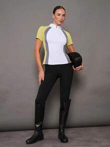 Activina Women's Colorblock Simple Short Sleeve Equestrian Outfit - Green - View 4