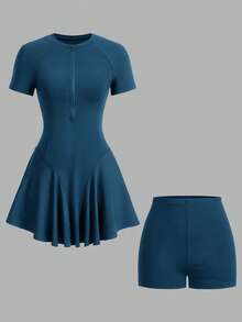 SHEIN Cheerettes 女款純色短袖前拉鍊運動連身裙附短褲 - Blue Power - 查看 6