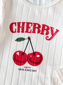 SHEIN 女嬰米色針織直條紋長袖連身衣，復古櫻桃 CHERRY 字母印花圓領連身衣，簡約修身長袖三角連身衣，春秋內搭，外出穿搭，新生兒百日照相，日常推車穿著，百搭舒適嬰兒衣物 - 杏色 - 查看 8