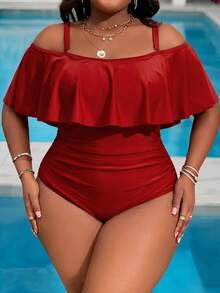 Slaydiva Plus Size Women's Ruched One-Piece Swimsuit, Suitable For Beach Vacation, Pool Party, Beach Party - Red - View 1