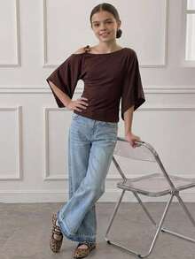 DAZY Tween Girl Solid Color Ruched Slim Fit Versatile Casual T-Shirt - Brown - View 6