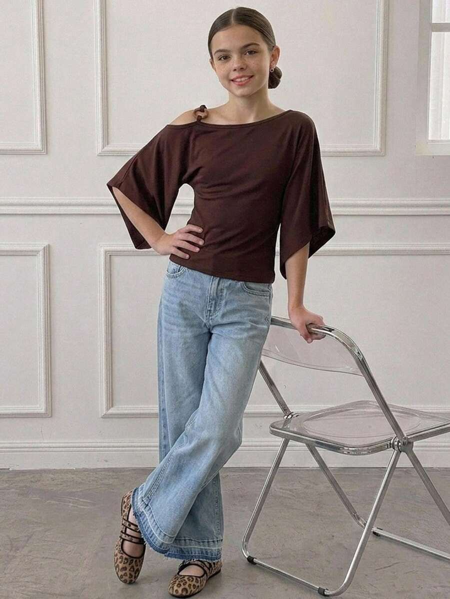 DAZY Tween Girl Solid Color Ruched Slim Fit Versatile Casual T-Shirt - Brown - View 1