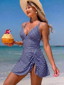 Swim Vcay 女款海灘穿搭：夏季海灘花卉印花抽繩交叉V領百褶裙褲，性感女款泳衣 - 藍色 - 查看 4
