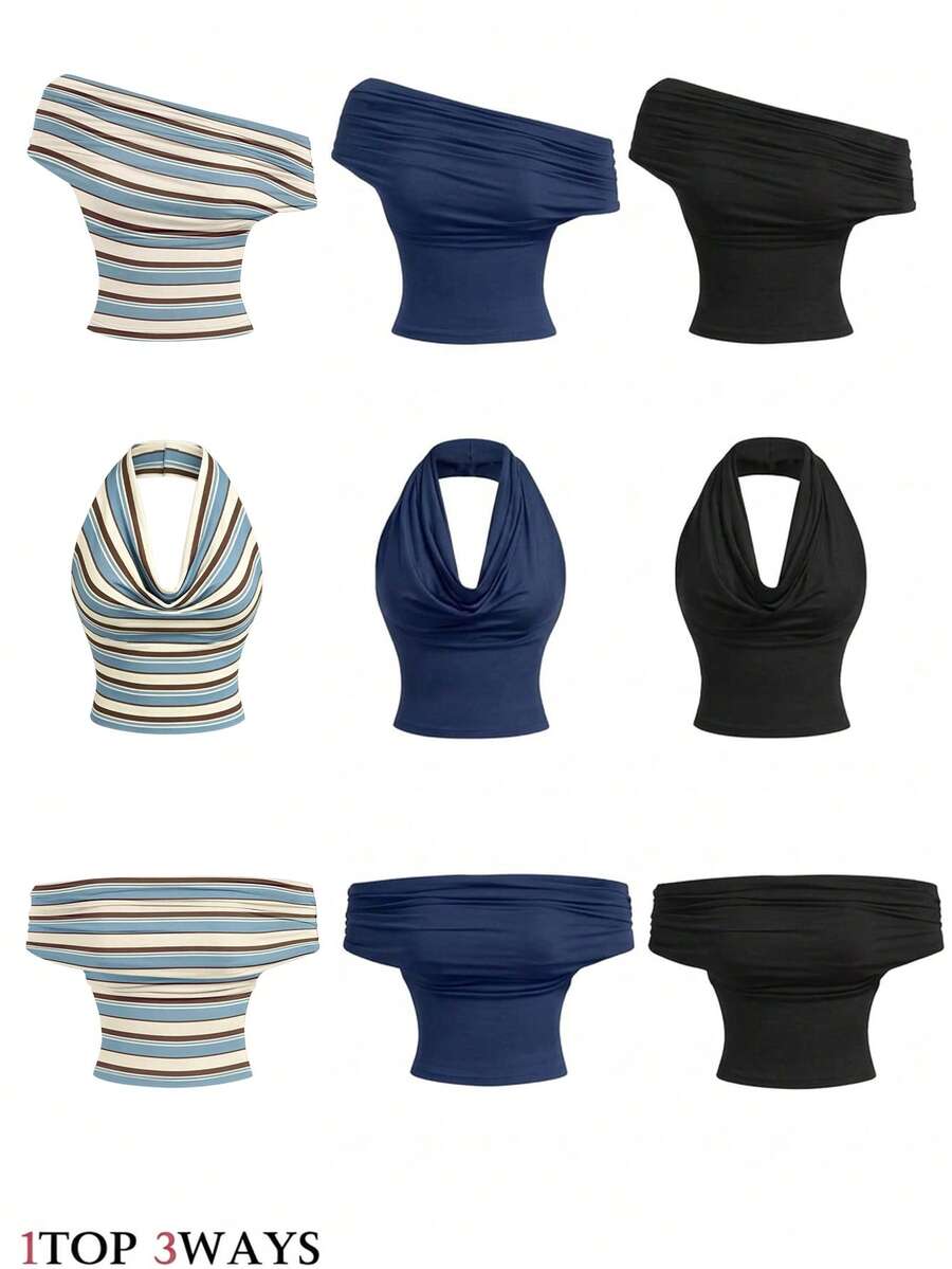 SHEIN MOD 3件組女款無袖上衣，適合海灘、約會之夜、夜店、度假與旅行，露肩/單肩設計，藍色/白色條紋/海軍藍/黑色，夏季性感款 - 彩色 - 查看 1
