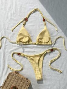 Swim Mod Women's Solid Color Halter Neck Metal Decor Sexy Bikini Set, Spring/Summer - Yellow - View 3